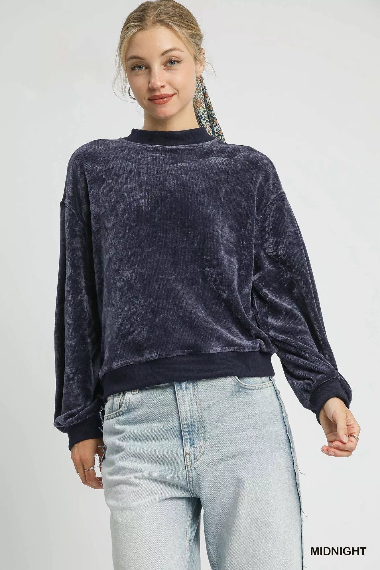Umgee Velour Crewneck Balloon Sleeve Sweatshirt - Sydney So Sweet