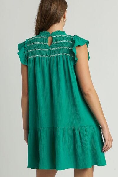 Umgee Full Size Smocked Contrast Stitching Ruffle Cap Sleeve Round Neck Dress Plus Size - Sydney So Sweet