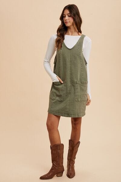 Annie Wear V-Neck Adjustable Strap Denim Overall Dress with Pockets - Sydney So Sweet