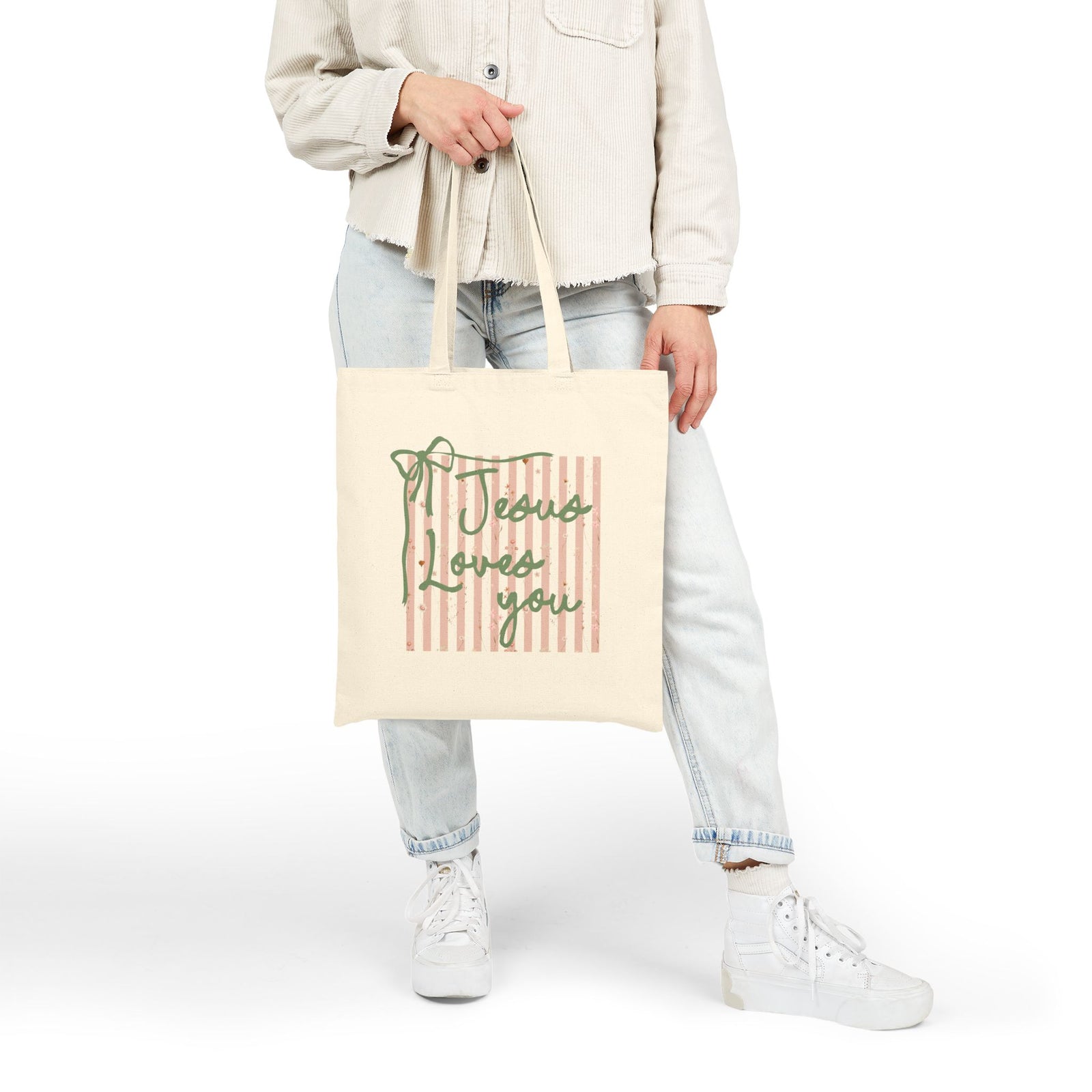 Jesus Loves You Striped Cotton Canvas Tote Bag Faith-Inspired Grocery & Everyday Bag