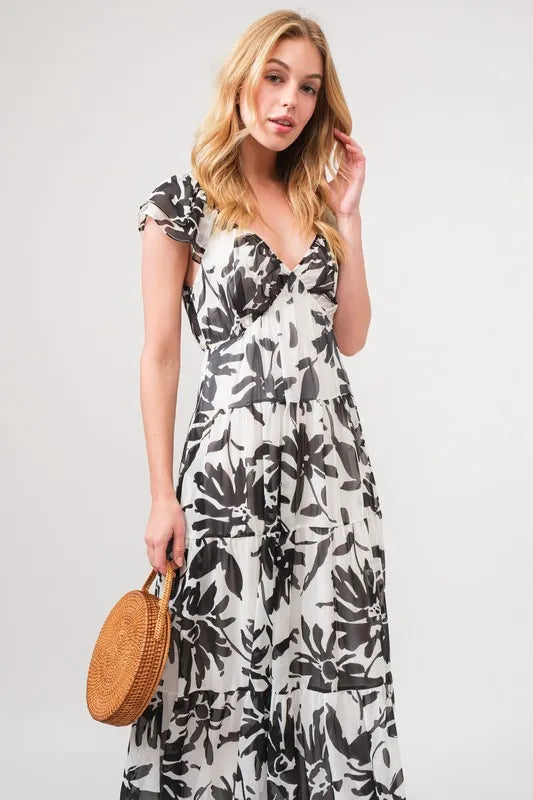 And The Why Ruffled Sleeve Tiered Floral Print Maxi Dress - Sydney So Sweet
