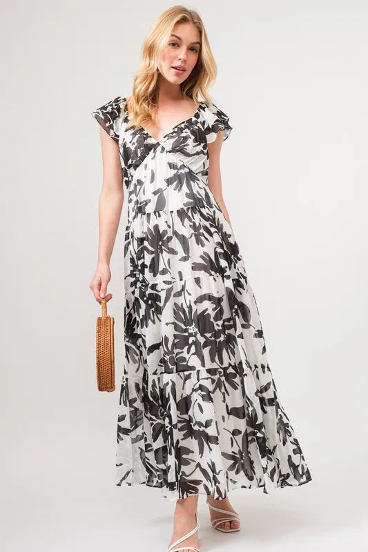 And The Why Ruffled Sleeve Tiered Floral Print Maxi Dress - Sydney So Sweet