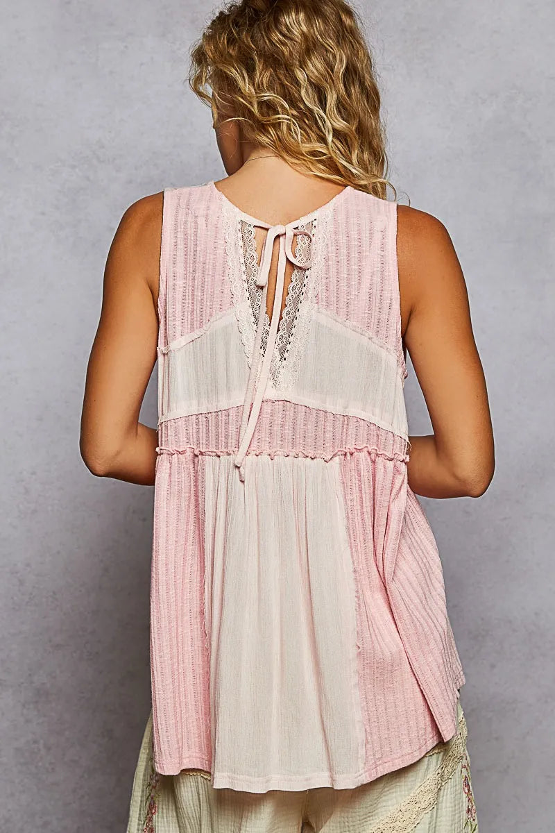 POL Lace Trim Two-Tone Tank with Pintuck Detail - Sydney So Sweet