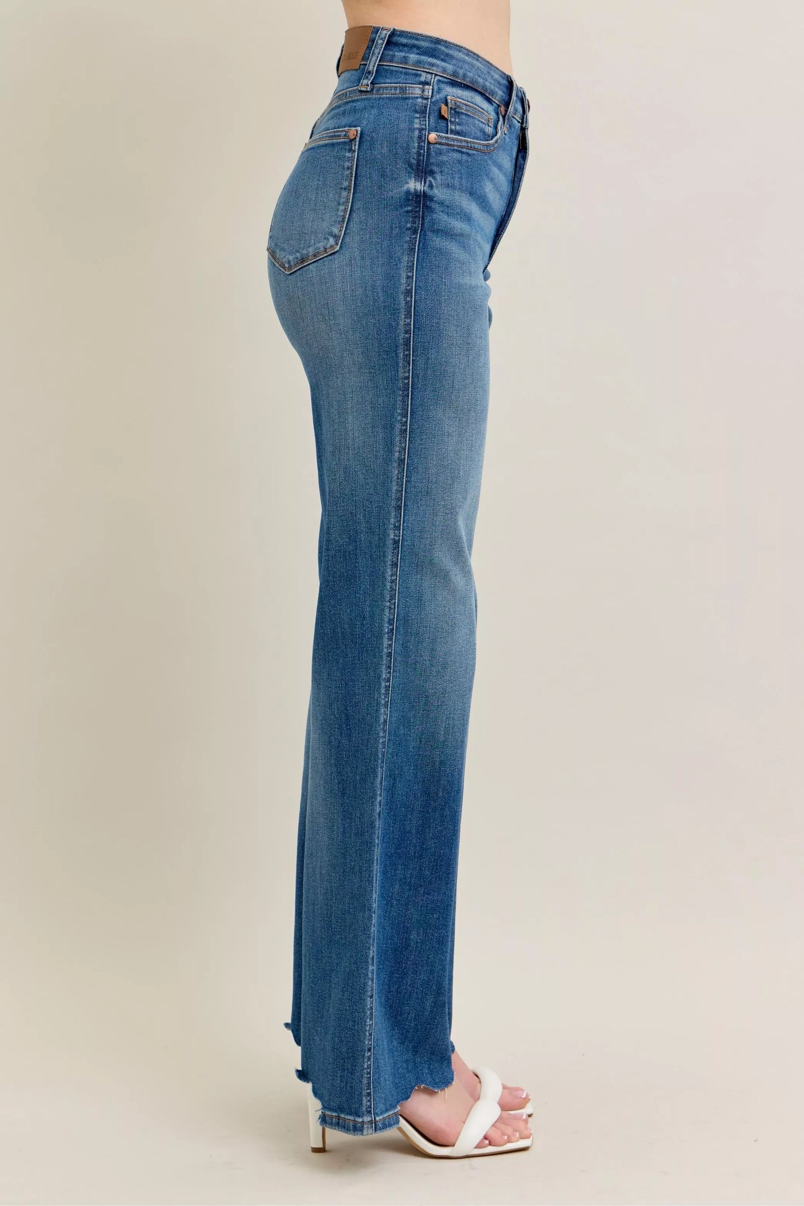 Judy Blue Full Size High Waist Tummy Control Chew Hem Destroy Wide Jeans Plus Size - Sydney So Sweet