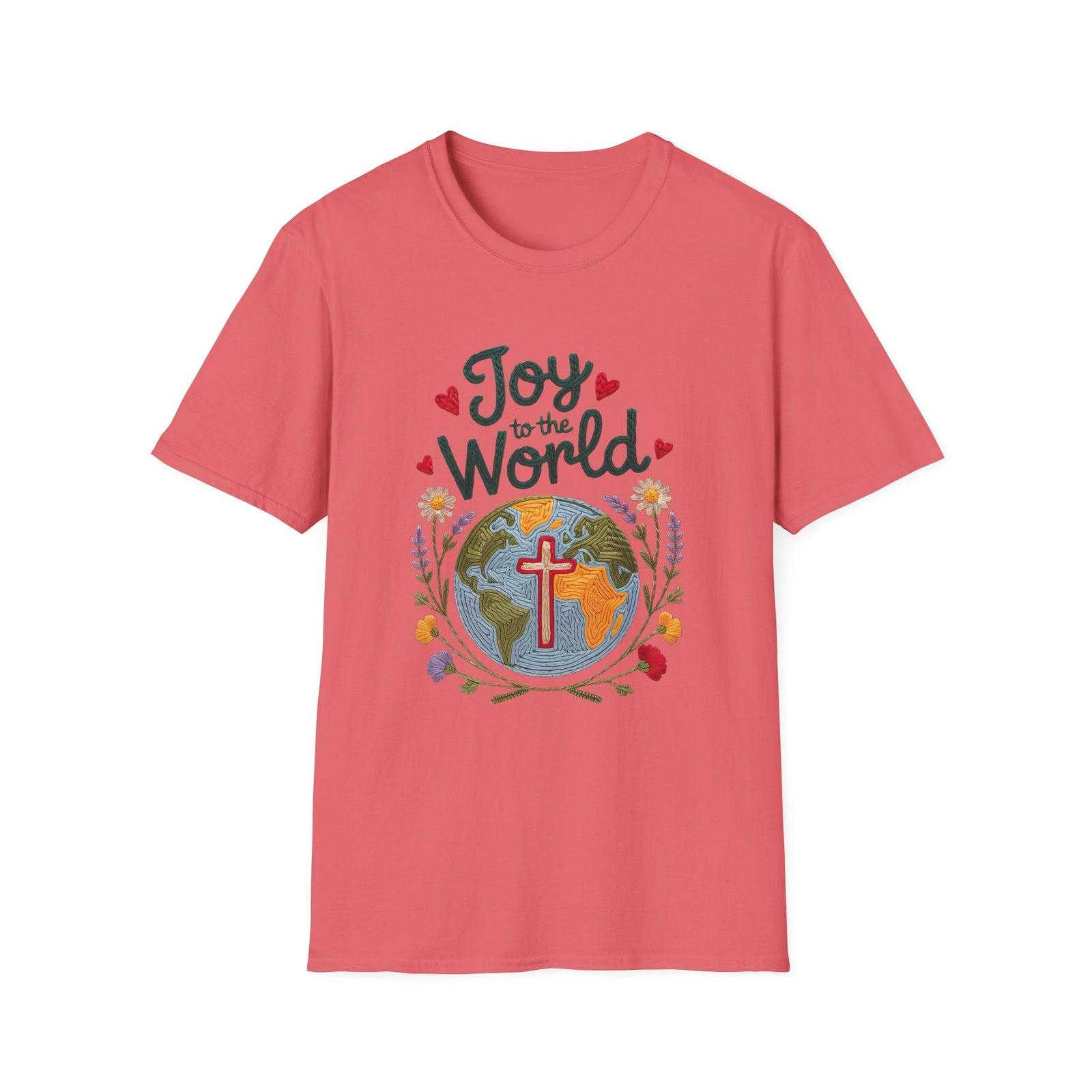 Joy to the World Christmas Tee Faux Embroidery Christian T-Shirt
