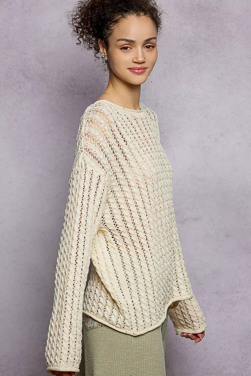 POL Openwork Round Neck Knit Top with Shiny Detail - Sydney So Sweet