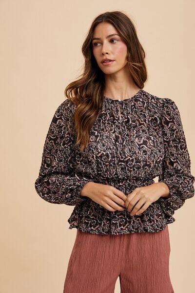 Annie Wear Abstract Print Balloon Sleeve Peplum Blouse - Sydney So Sweet