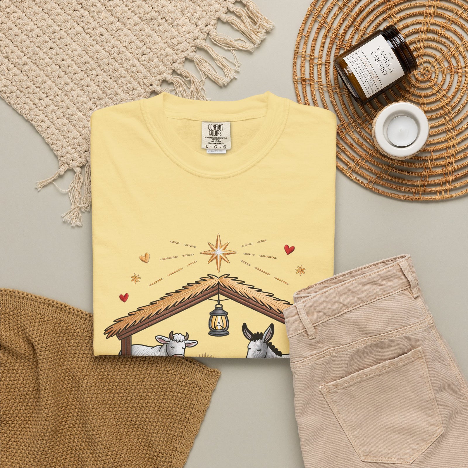Christ the Savior is Born Faux Embroidery T-Shirt Nativity Scene Graphic Tee