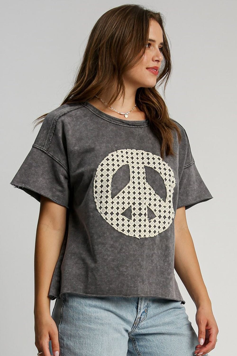 Umgee Full Size Mineral Wash T-Shirt with Lace Applique Plus Size - Sydney So Sweet