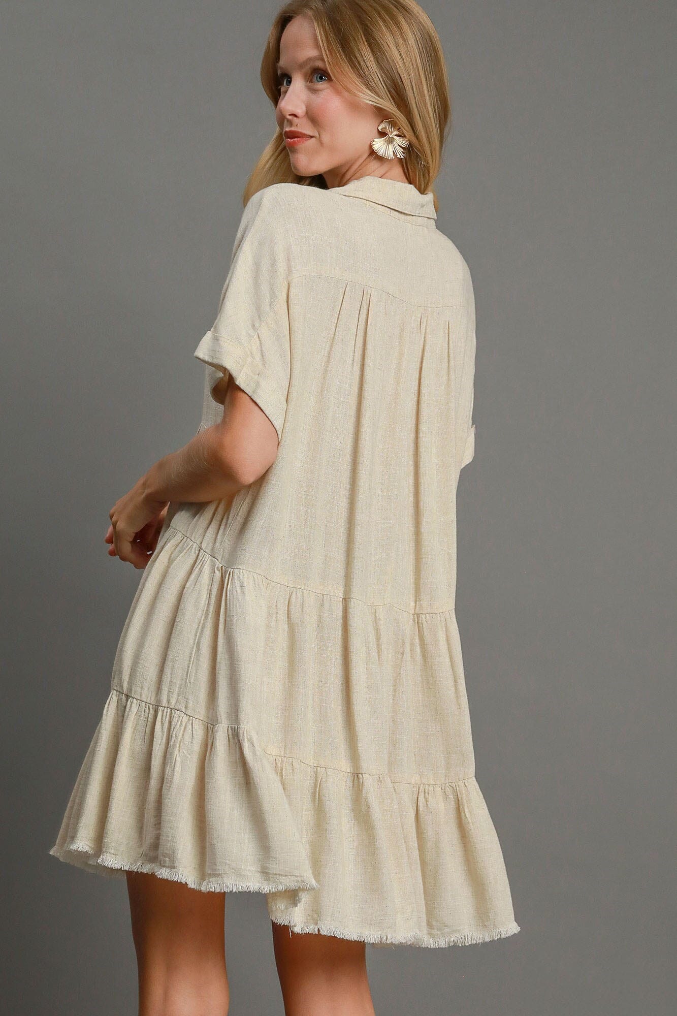 Umgee Full Size Raw Hem Folded Sleeve Tiered Dress Plus Size - Sydney So Sweet