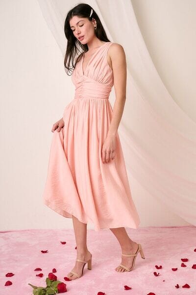 Mittoshop Ruched V-Neck Sleeveless Midi Dress - Sydney So Sweet