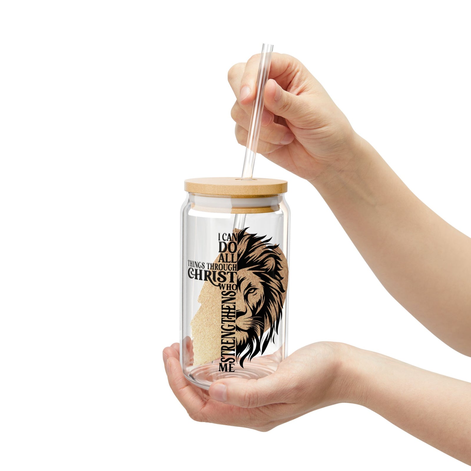 All Things Through Christ Christian Tumbler Sipper Glass 16oz — Reusable Drink Jar with Lid & Straw - Sydney So Sweet