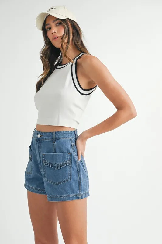 MABLE Contrast Trim Grecian Neck Cropped Tank - Sydney So Sweet