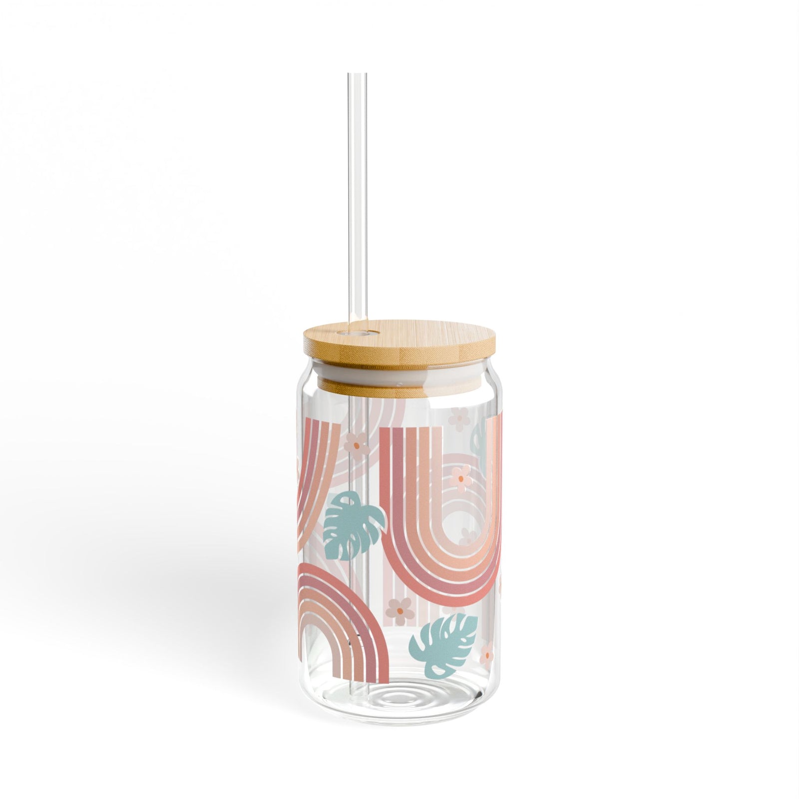 Boho Retro Rainbow Tumbler Sipper Glass 16oz — Reusable Drink Jar with Lid & Straw