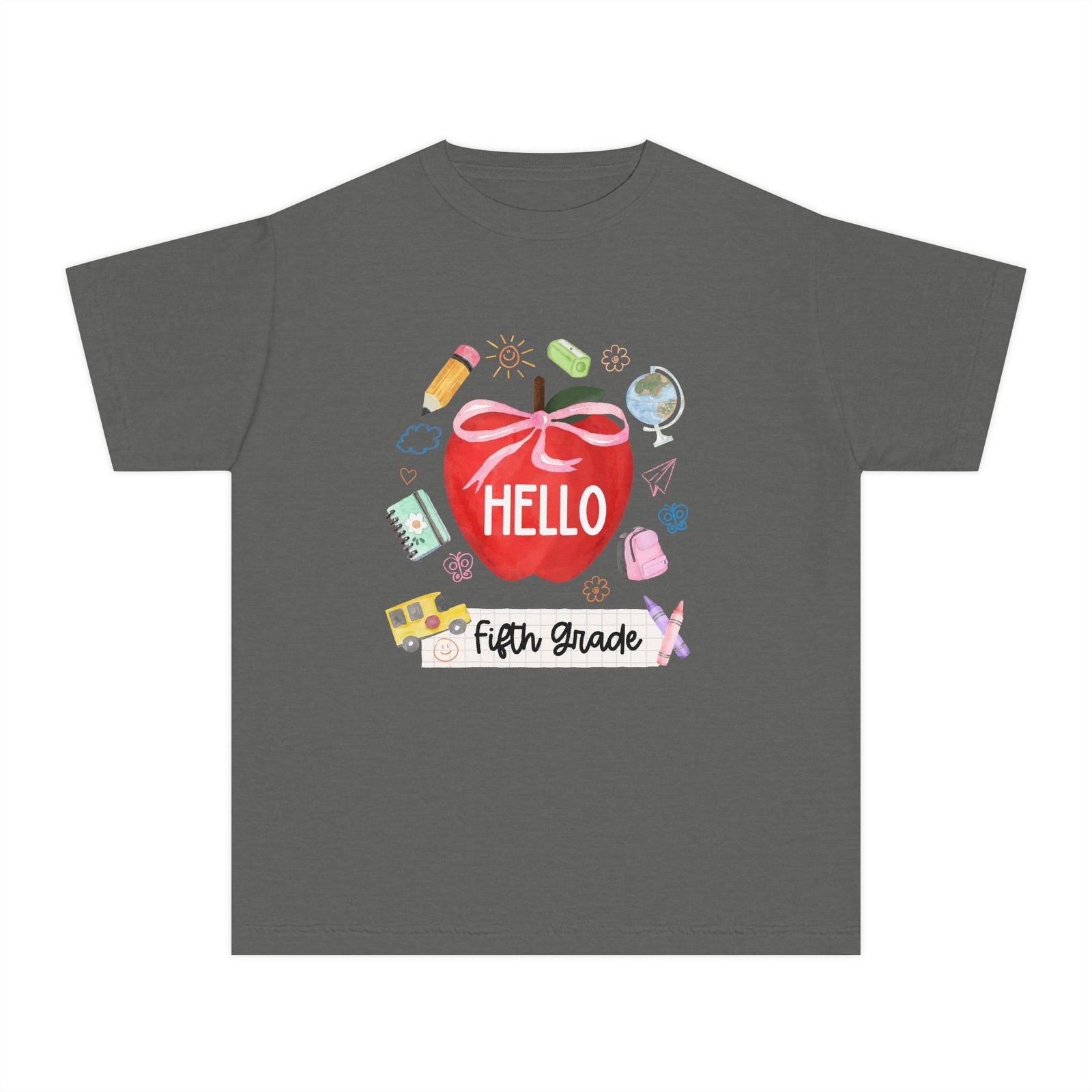 Hello Fifth Grade Preppy Coquette Apple Graphic Tee Back to School 5th Grade T-Shirt
