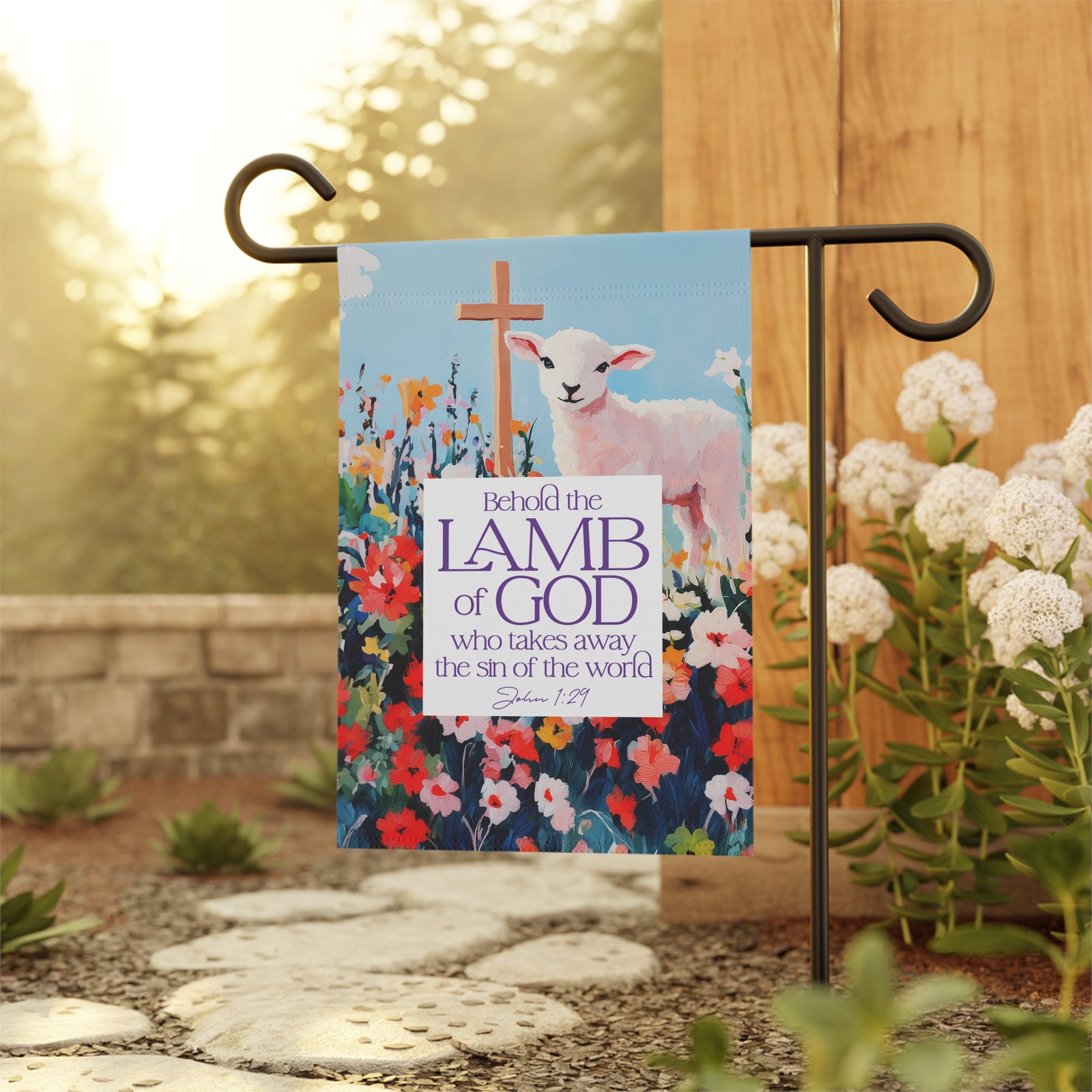 Behold the Lamb of God Garden Flag Easter Floral Lamb Bible Verse Banner
