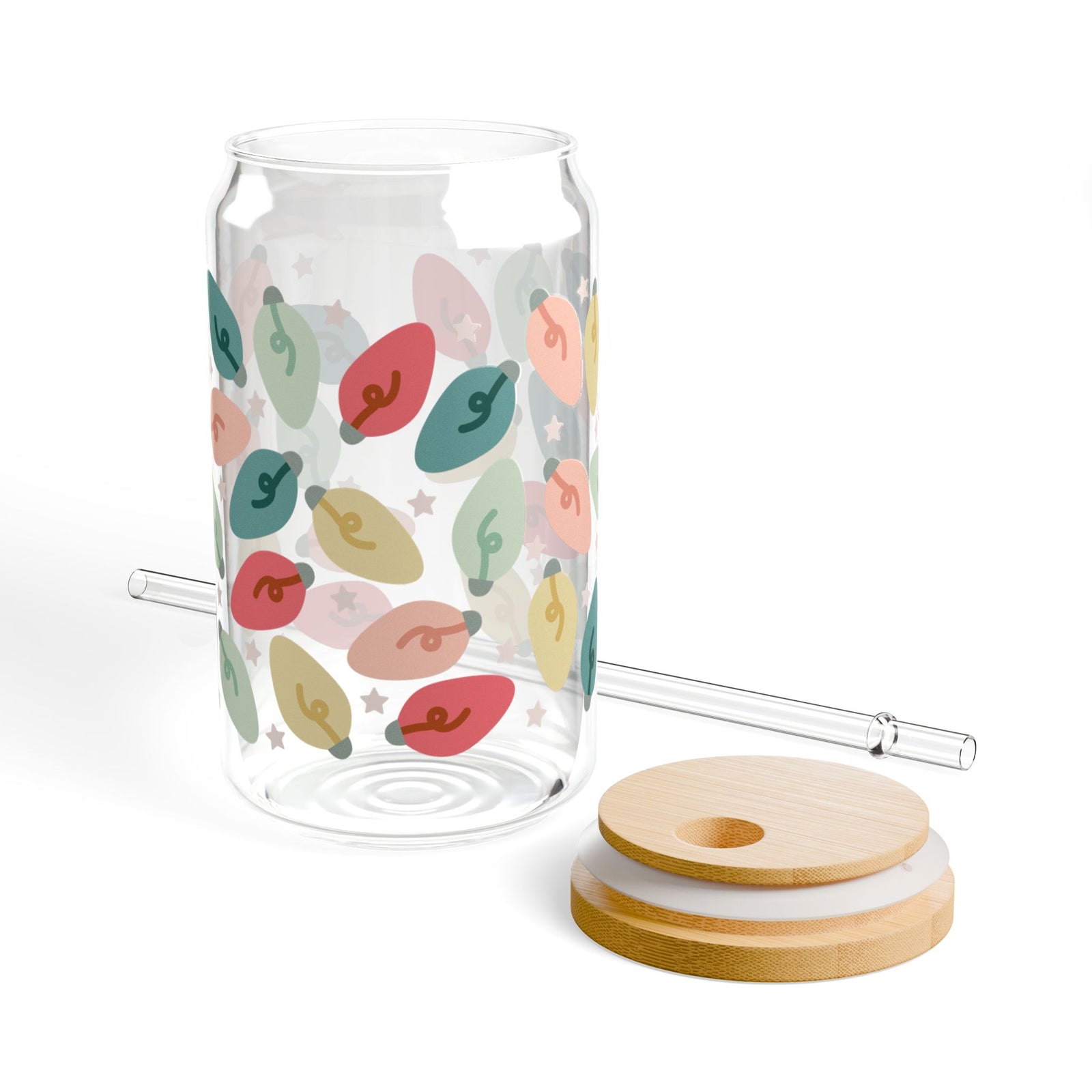Bright Christmas Lights 16 oz reusable glass drink jar with lid and straw
