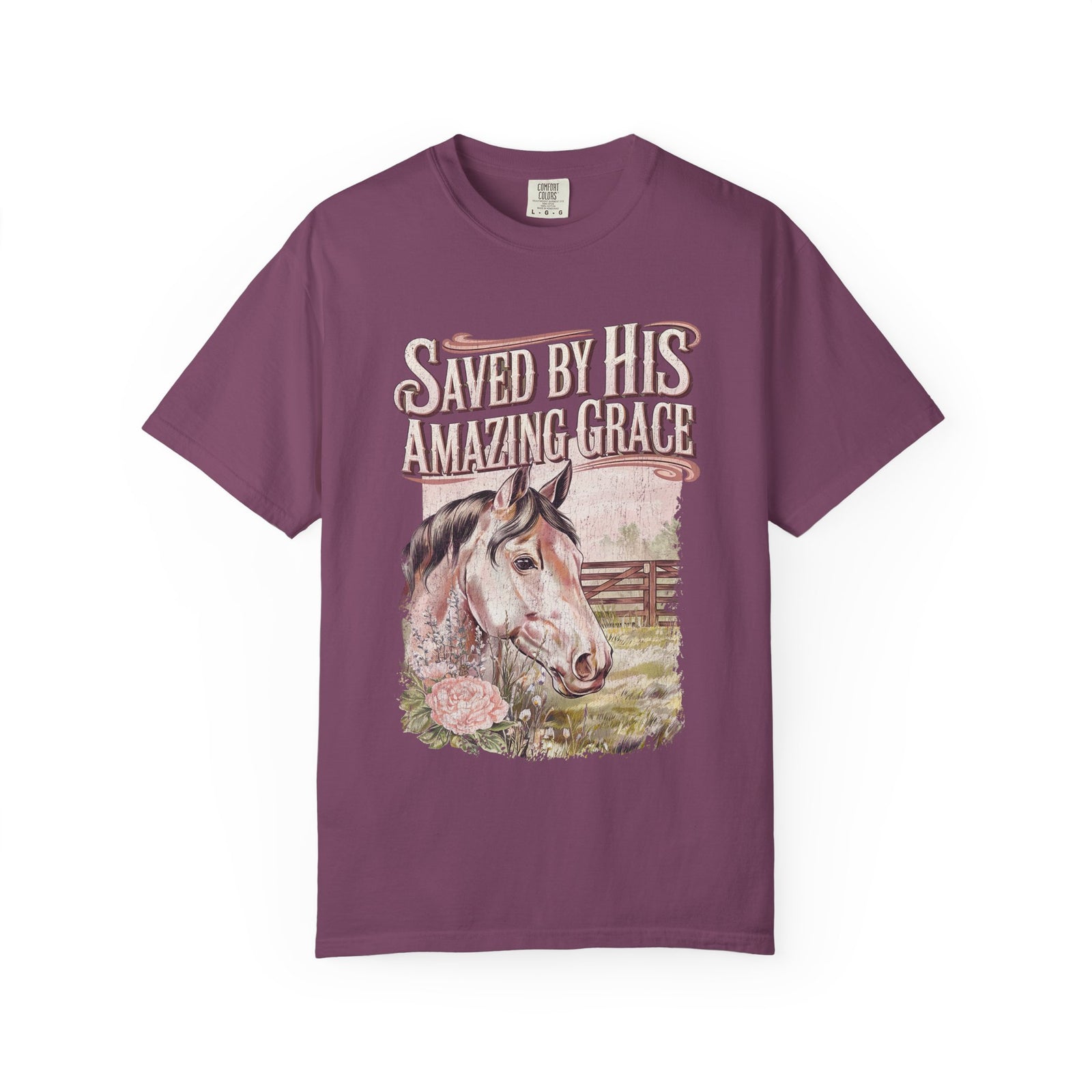 Saved By His Amazing Grace Horse Christian Tee Distressed Graphic T-Shirt