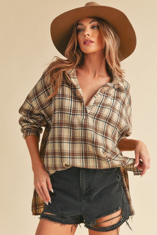 Aemi + Co Side Slit High-Low Plaid Long Sleeve Polo Shirt - Sydney So Sweet
