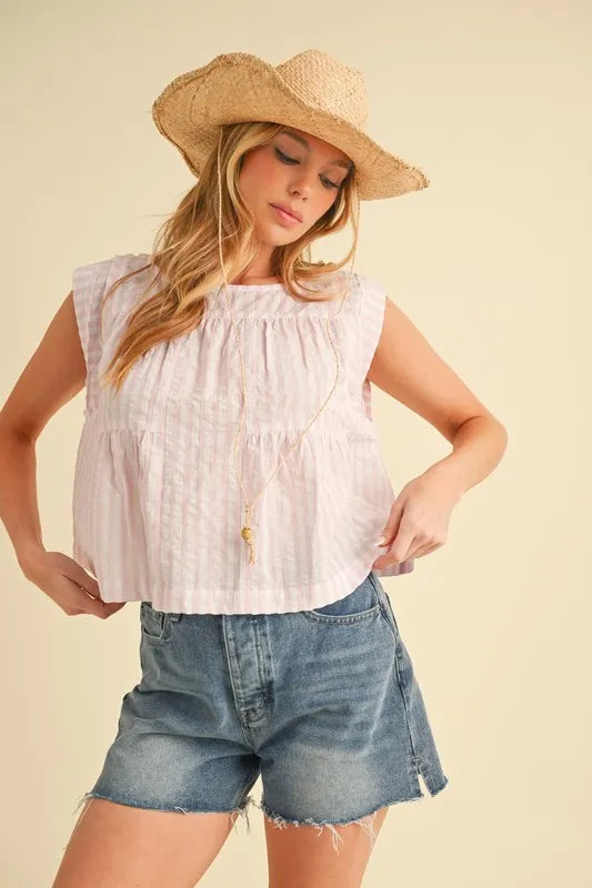 Aemi+Co Ruched Striped Round Neck Sleeveless Top - Sydney So Sweet