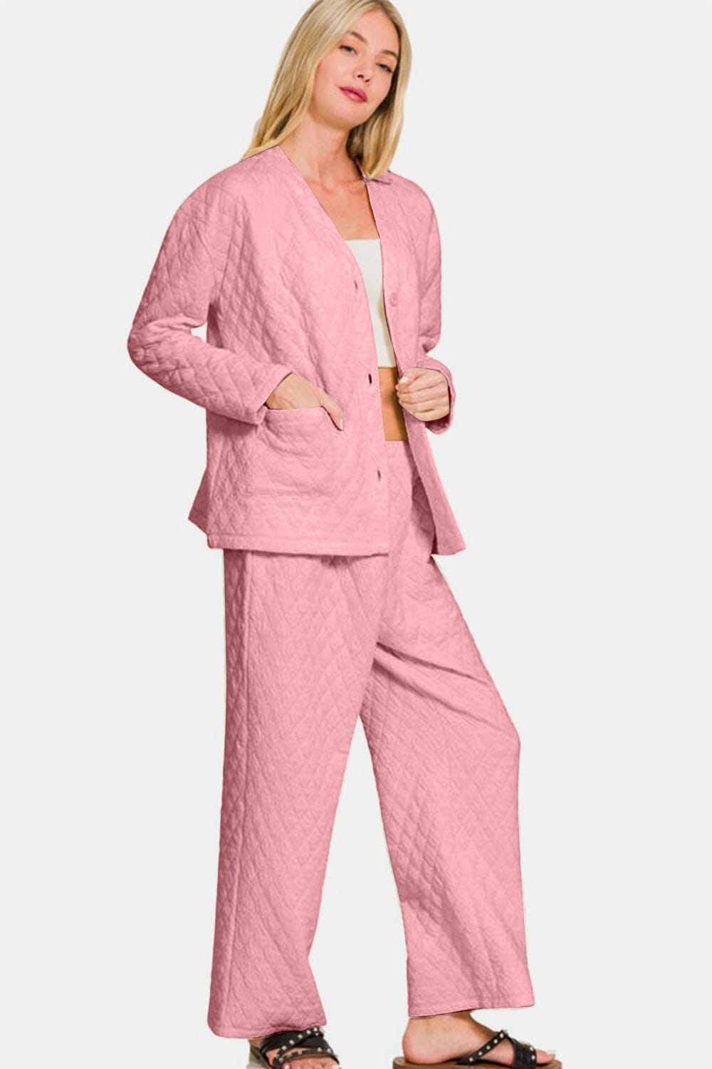 Zenana Quilted Button Up Long Sleeve Top and Pants Lounge Set - Sydney So Sweet