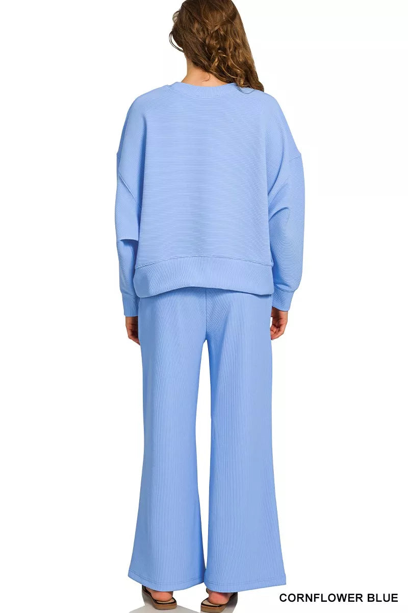Zenana Ribbed Round Neck Pullover and Drawstring Pants Set - Sydney So Sweet