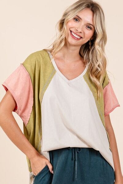 Mittoshop Color Block V-Neck Short Sleeve T-Shirt - Sydney So Sweet