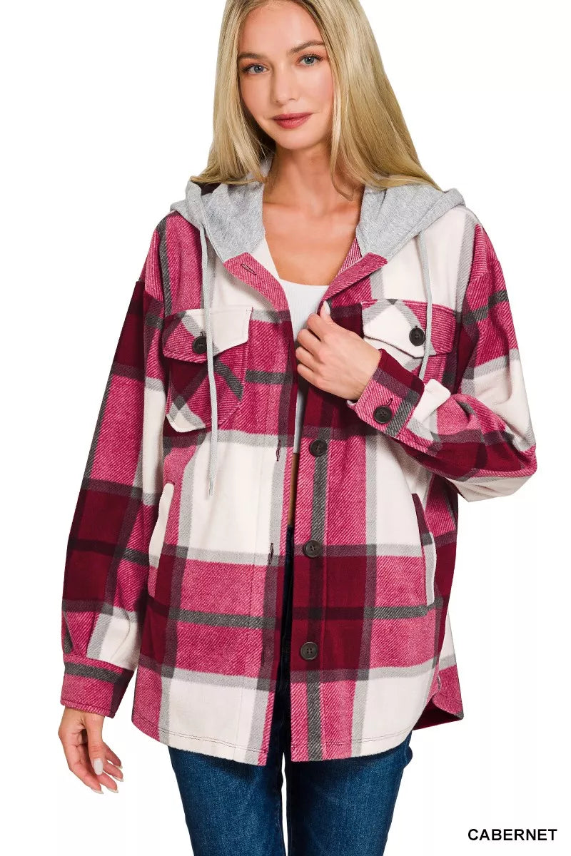 Zenana Plaid Drawstring Hooded Fleece Shacket - Sydney So Sweet