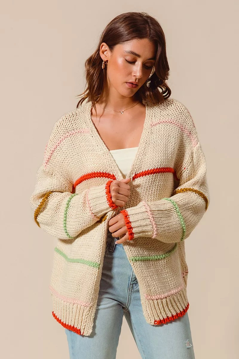 SO ME Loose Fit Multi Stripe Open Front Cardigan - Sydney So Sweet
