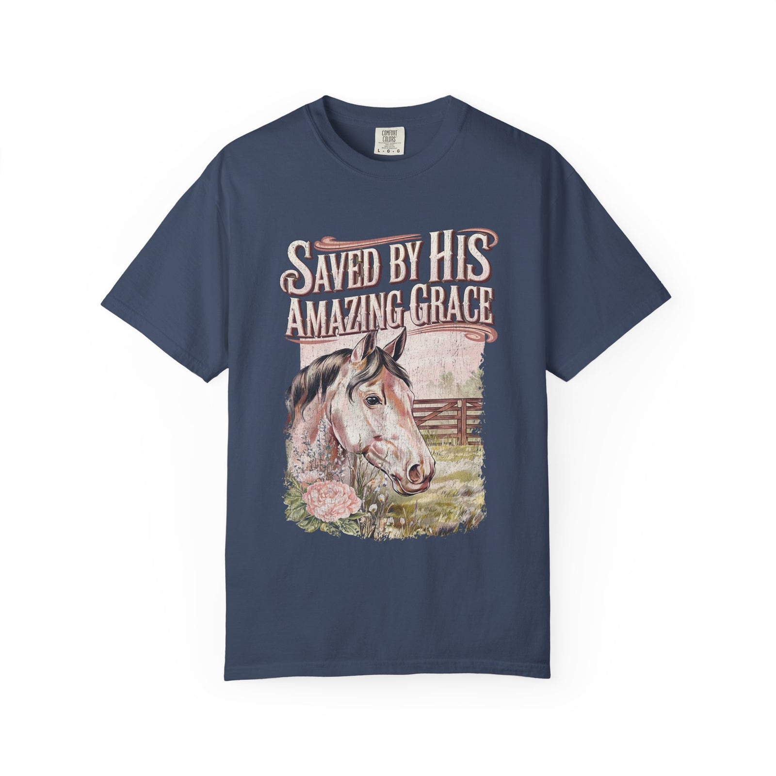 Saved By His Amazing Grace Horse Christian Tee Distressed Graphic T-Shirt