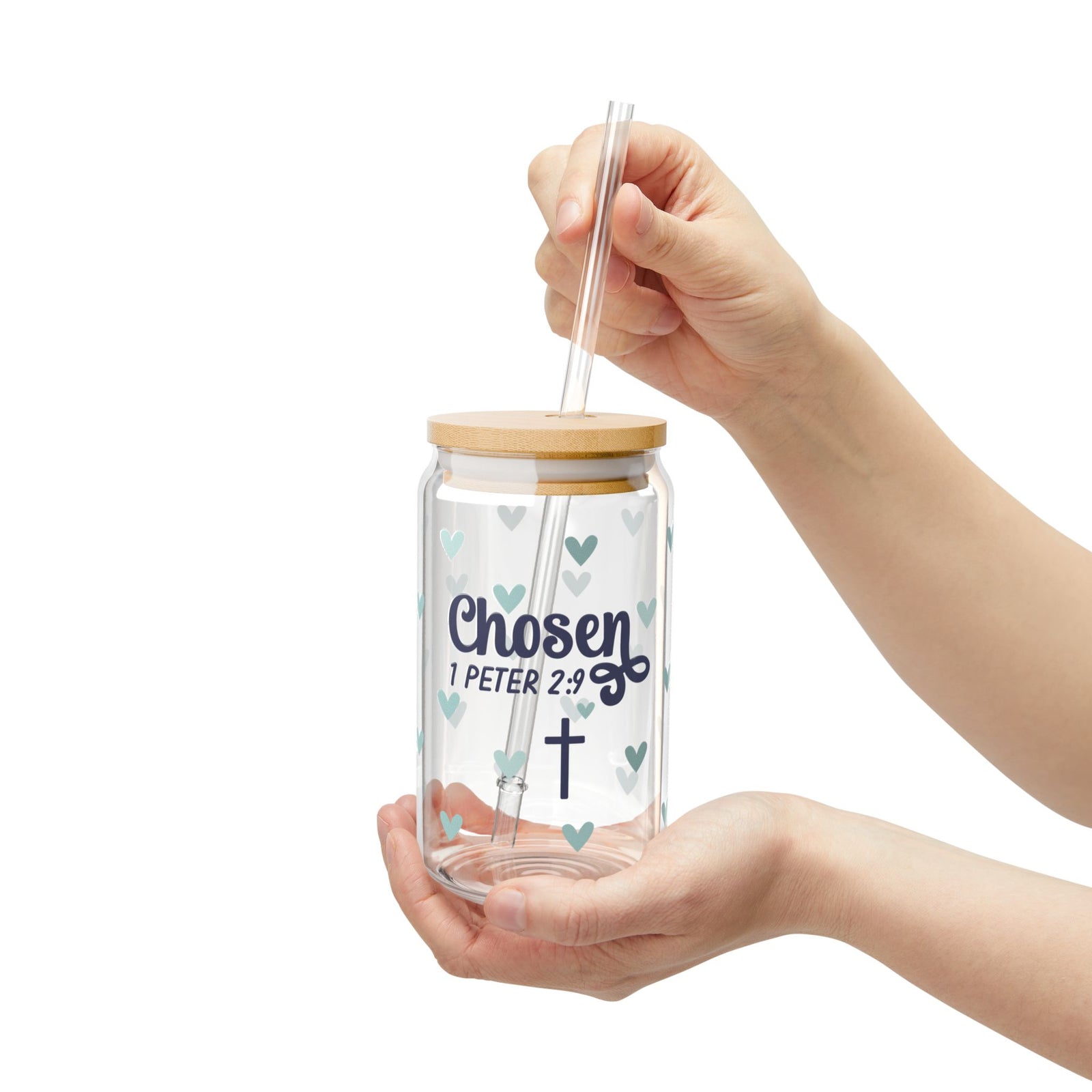 Chosen 1 Peter 2:9 Heart Sipper Glass 16oz — Reusable Drink Jar with Lid & Straw - Sydney So Sweet