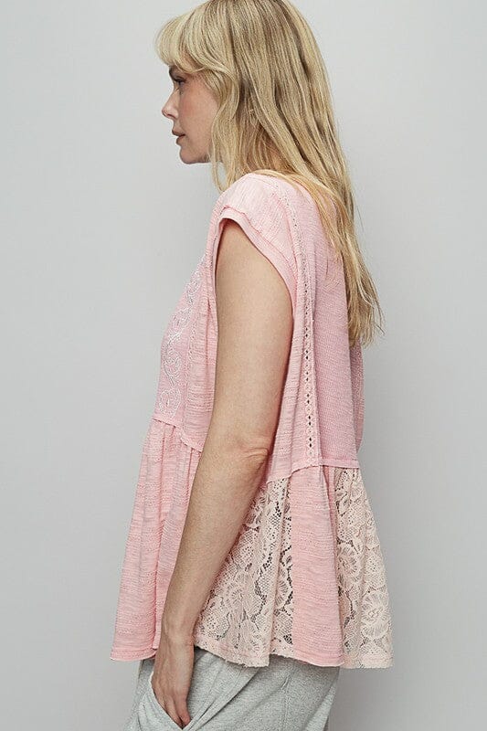 POL Embroidered Detail Boat Neck Cap Sleeve Lace Blouse - Sydney So Sweet