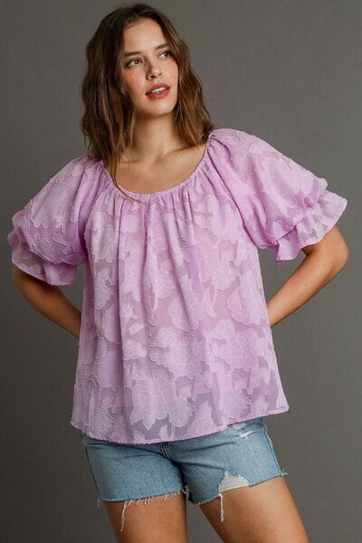 Umgee Full Size Jacquard Round Neck Ruffled Puff Sleeve Blouse Plus Size - Sydney So Sweet