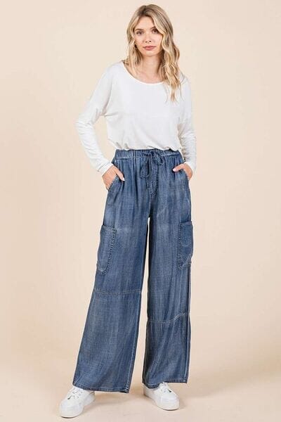 Mittoshop Washed Elastic Waist Cargo Wide Leg Pants - Sydney So Sweet