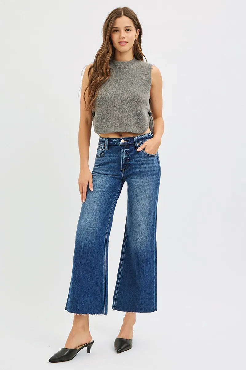 RISEN Full Size Mid Rise Crop Wide Raw Cut Hem Jeans Plus Size - Sydney So Sweet