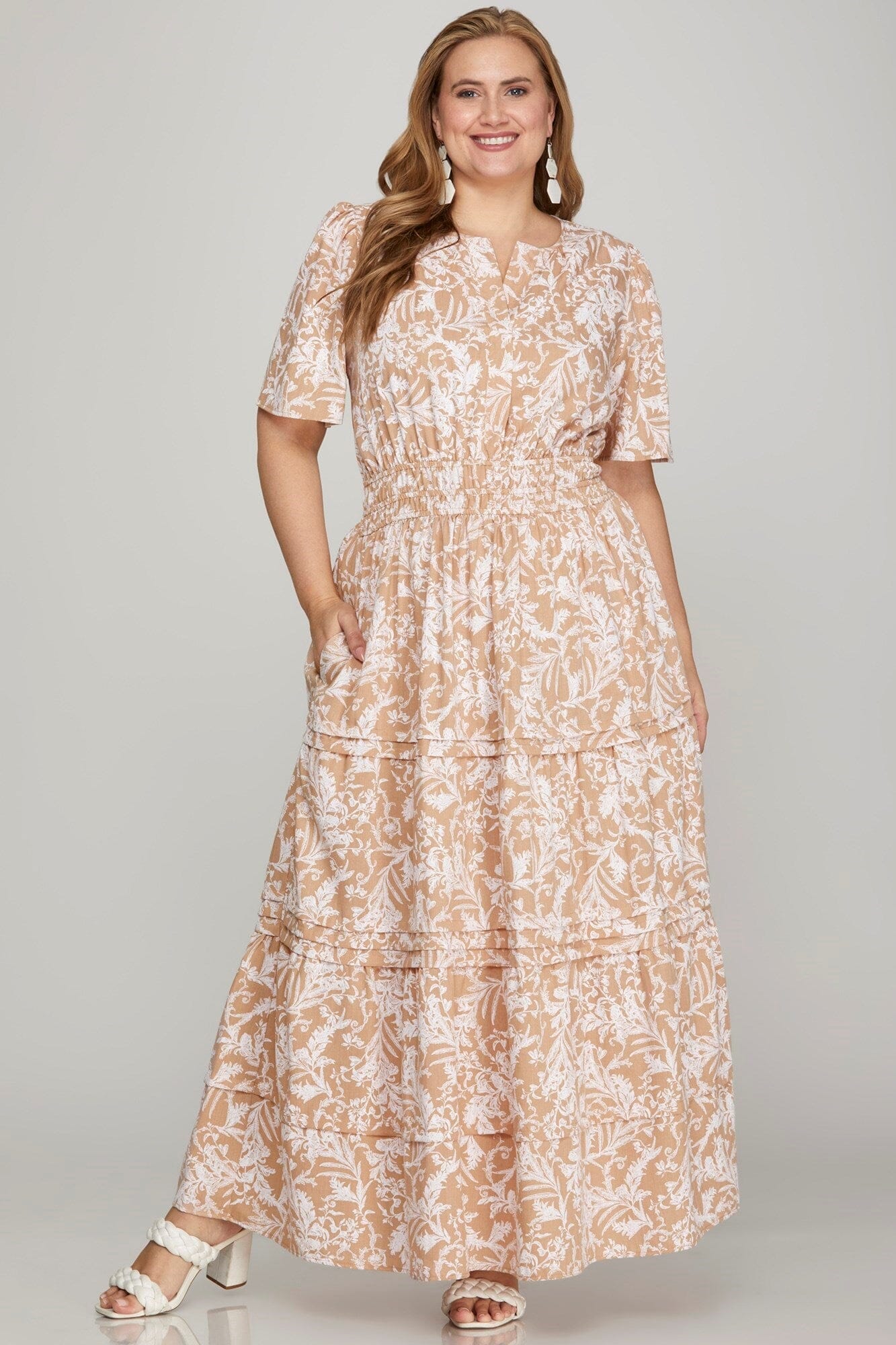 She + Sky Printed Notched Woven Tiered Pintuck Maxi Dress with Side Pockets - Sydney So Sweet