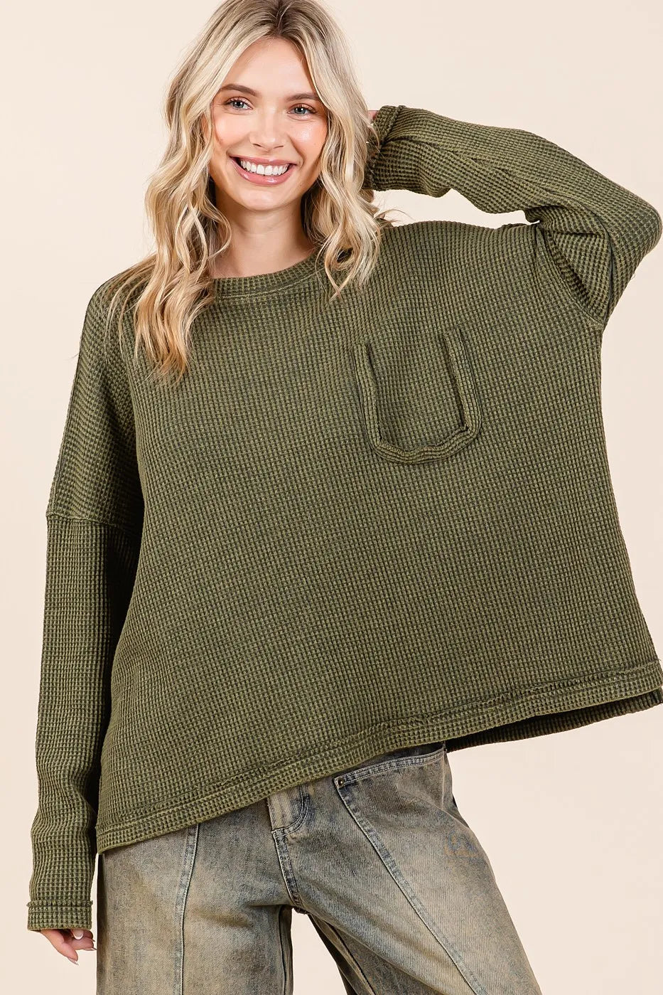 Mittoshop Mineral Wash Cutout Pocket Long Sleeve Waffle Top - Sydney So Sweet