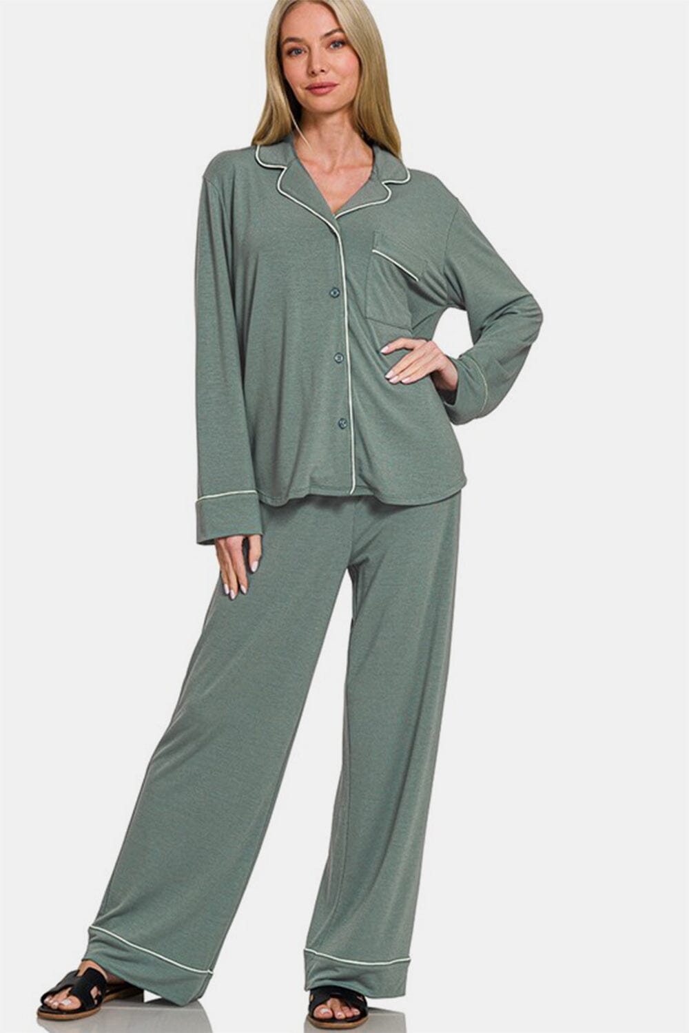 Zenana Button Down Long Sleeve Top and Pants Lounge Set - Sydney So Sweet