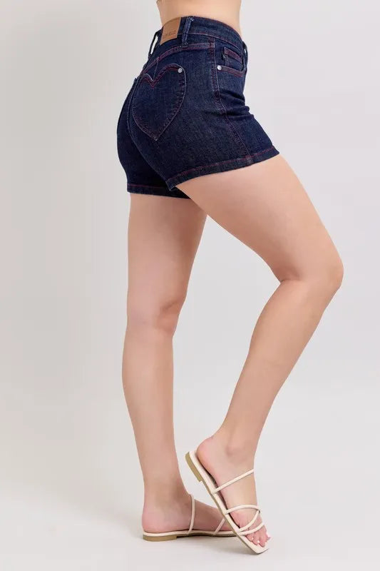 Judy Blue High Waist Heart Shaped Pkts & Red Contrast Thread Denim Shorts - Sydney So Sweet