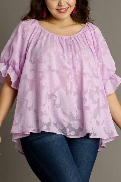 Umgee Full Size Jacquard Round Neck Ruffled Puff Sleeve Blouse Plus Size - Sydney So Sweet