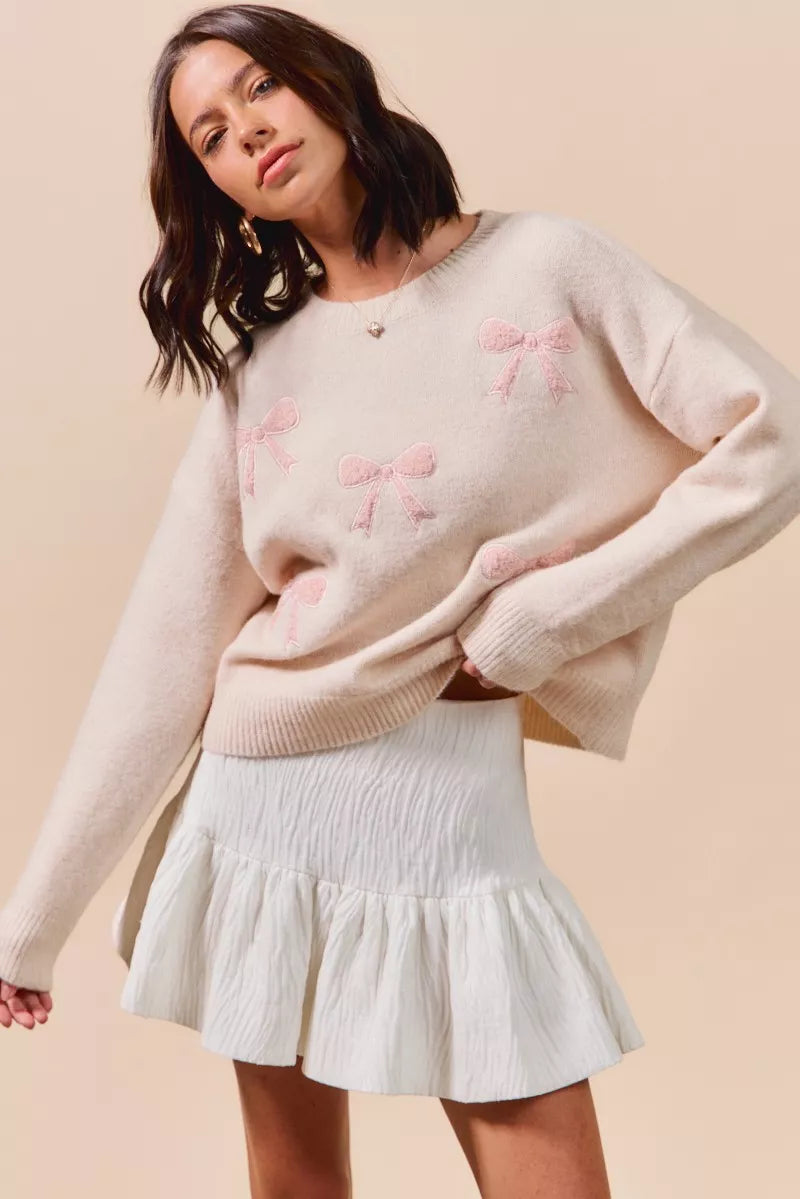 SO ME Embroidered Ribbon Round Neck Sweater - Sydney So Sweet