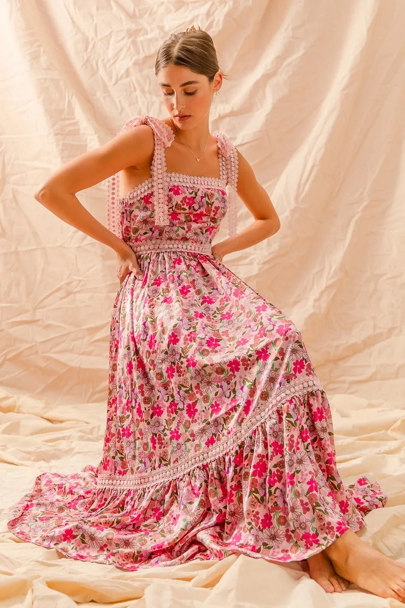 SO ME Floral Maxi Dress With Ribbon Tie Lace Strap - Sydney So Sweet
