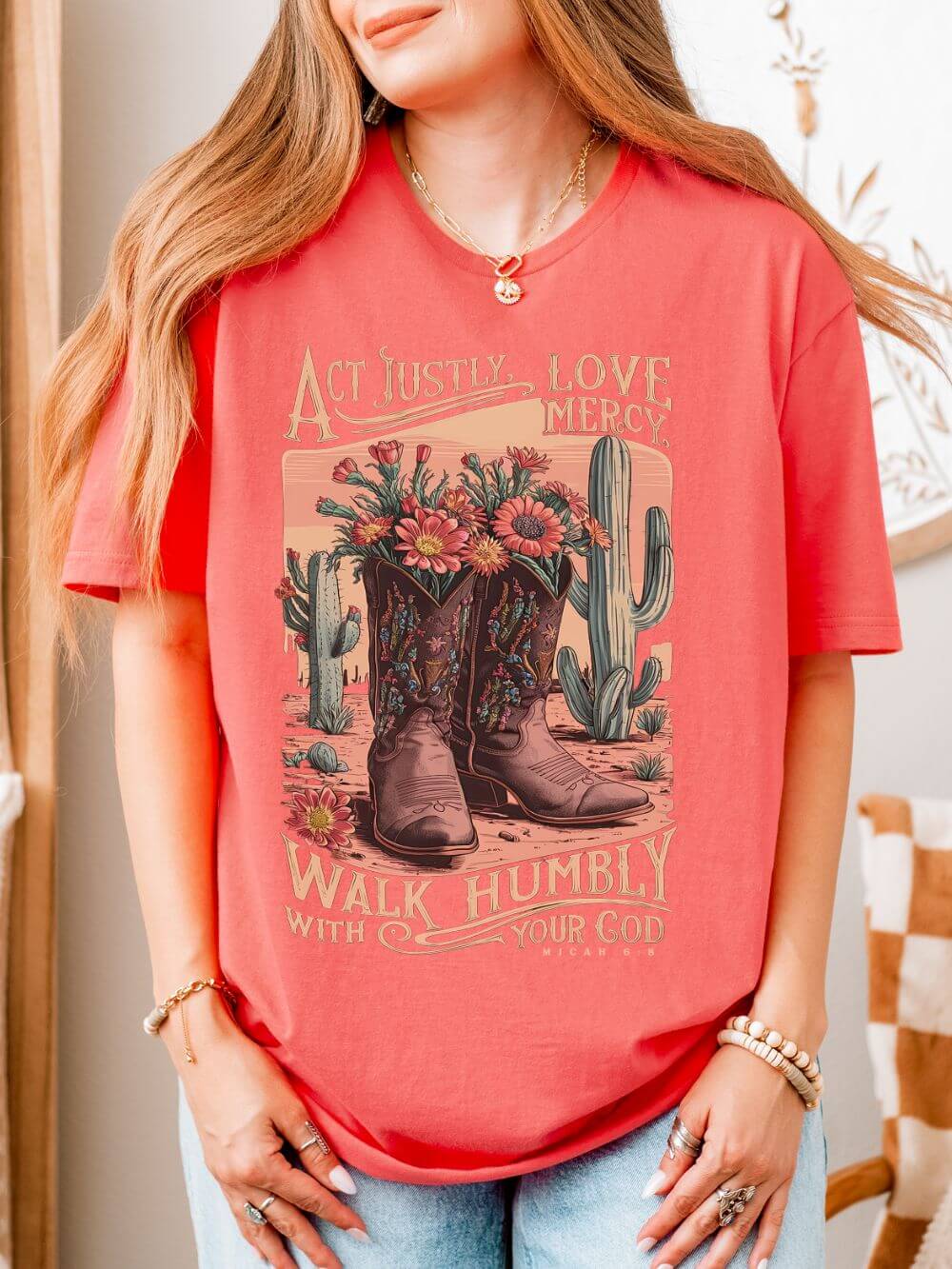 Act Justly Love Mercy T-Shirt Western Cactus Floral Christian Faith Tee