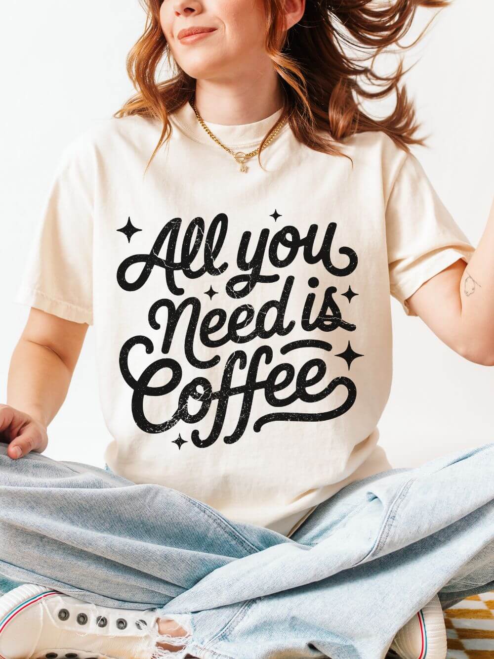 All You Need Is Coffee T-Shirt Retro Script Coffee Lover Distressed Graphic Tee