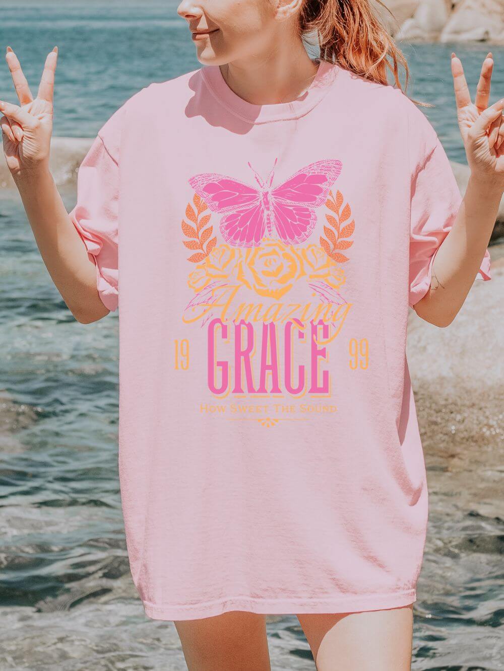 Amazing Grace Butterfly Graphic T-Shirt Vintage Christian Summer Tee