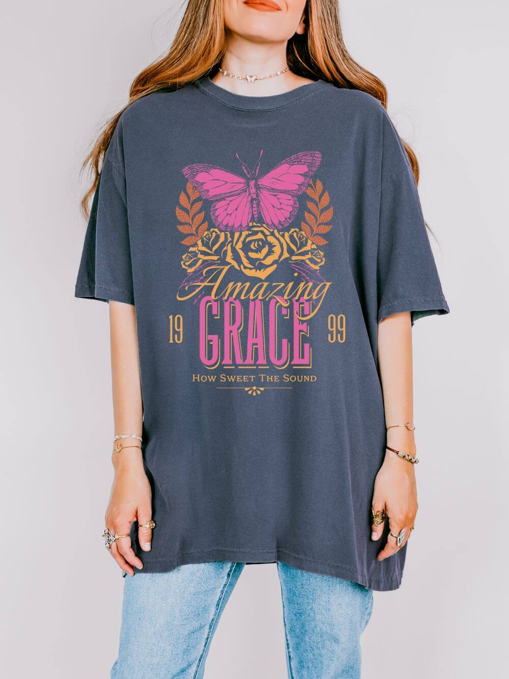 Amazing Grace Butterfly Graphic T-Shirt Vintage Christian Summer Tee