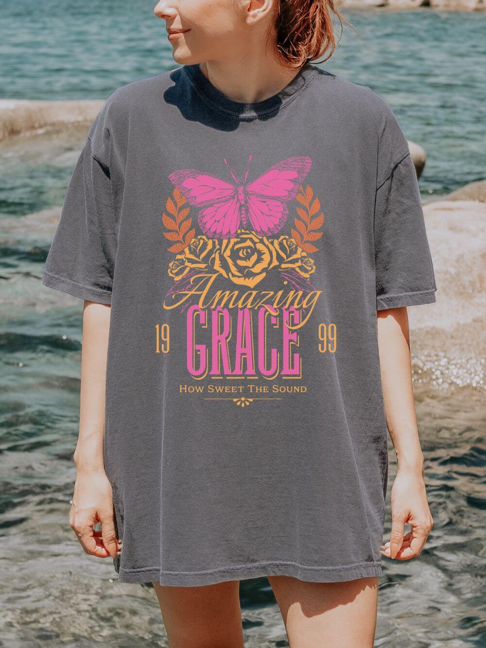 Amazing Grace Butterfly Graphic T-Shirt Vintage Christian Summer Tee