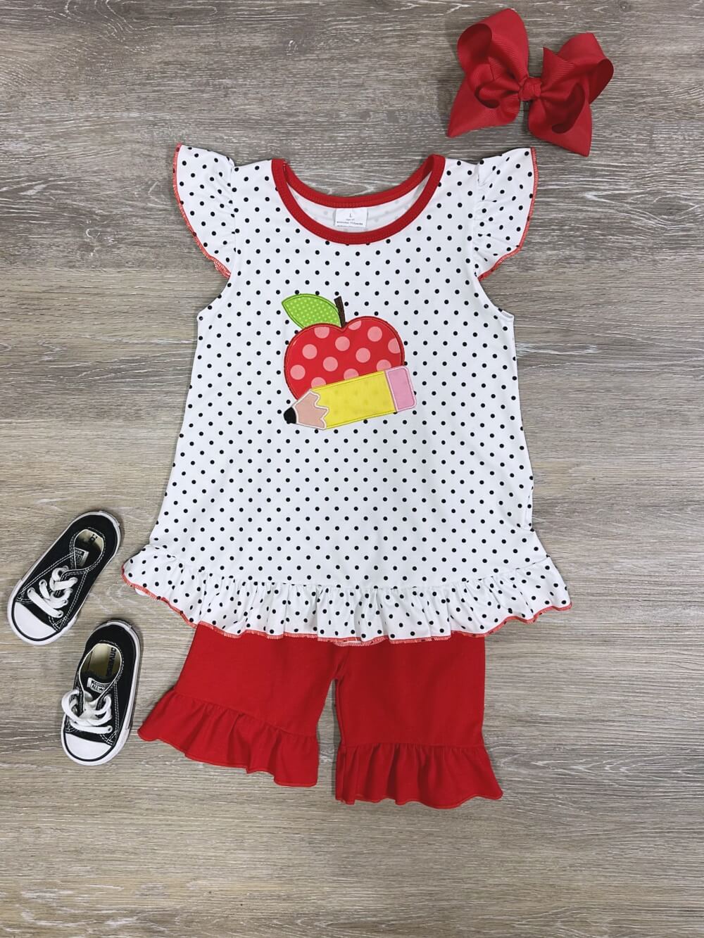 Apple Pencil Back to School Girls Red Ruffle Shorts Outfit - Sydney So Sweet