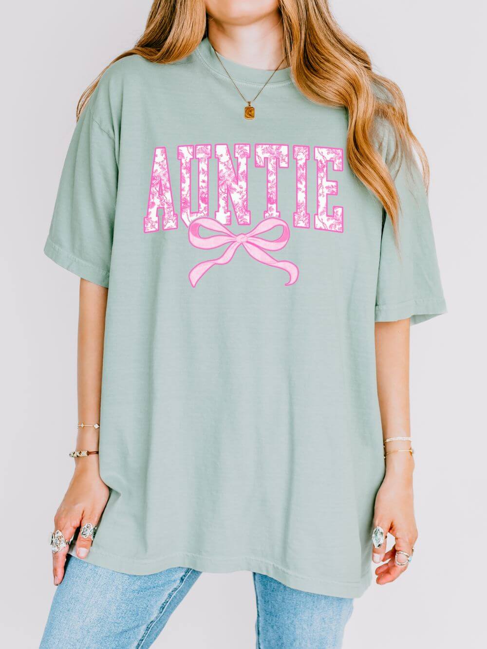 Auntie Coquette Pink Toile Bow T-Shirt Cute Aunt Graphic Tee