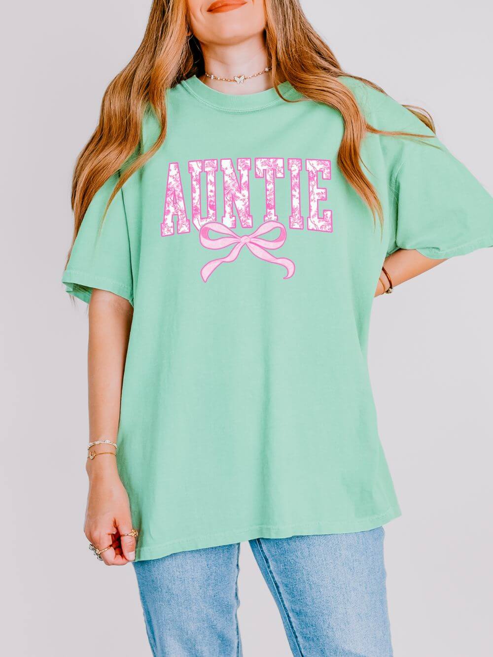 Auntie Coquette Pink Toile Bow T-Shirt Cute Aunt Graphic Tee